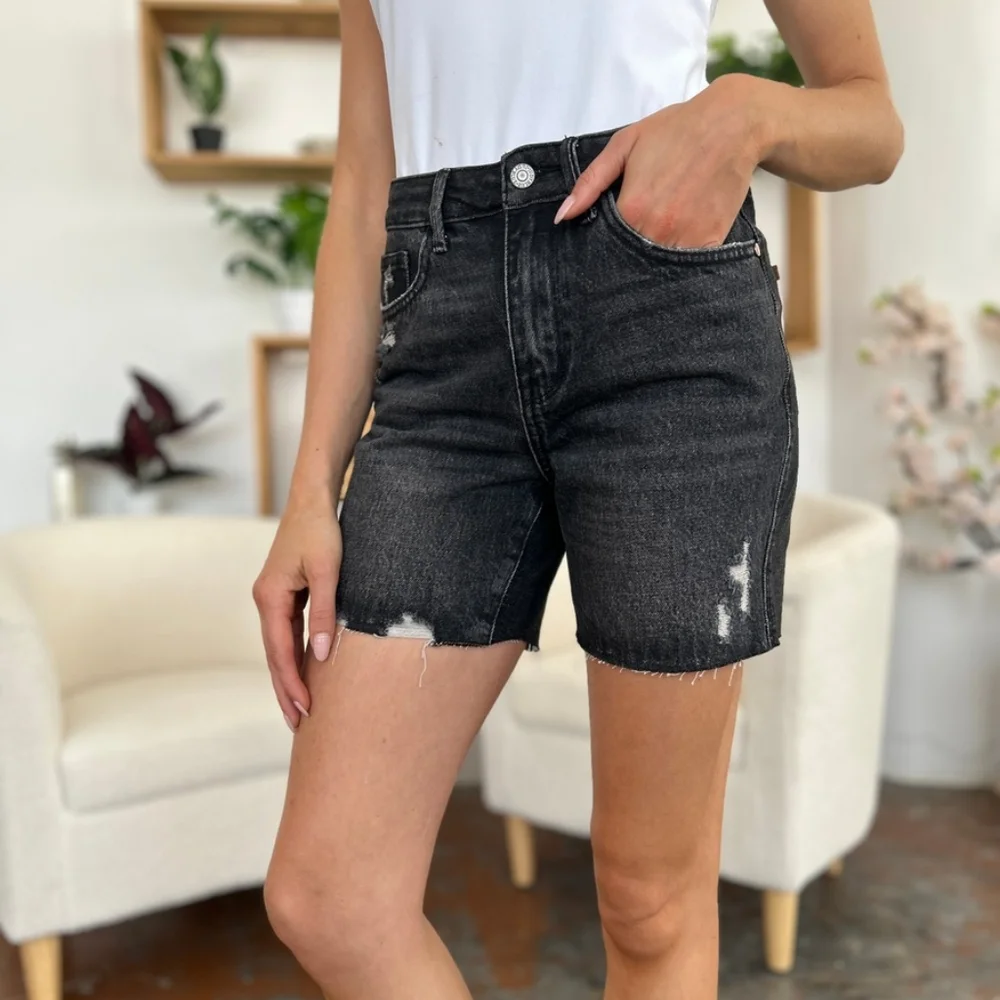 Judy Blue High Rise Tummy Control Denim Slim Black Distressed Frayed Jean Shorts